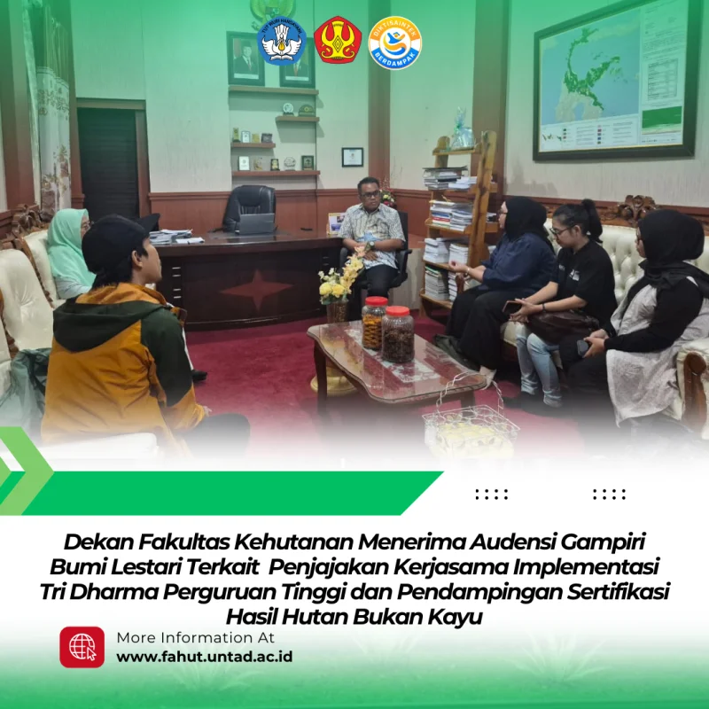 Thumbnail Dekan Fakultas Kehutanan Menerima Audensi Gampiri Bumi Lestari Terkait  Penjajakan Kerjasama Implementasi Tri Dharma Perguruan Tinggi dan Pendampingan Sertifikasi Hasil Hutan Bukan Kayu